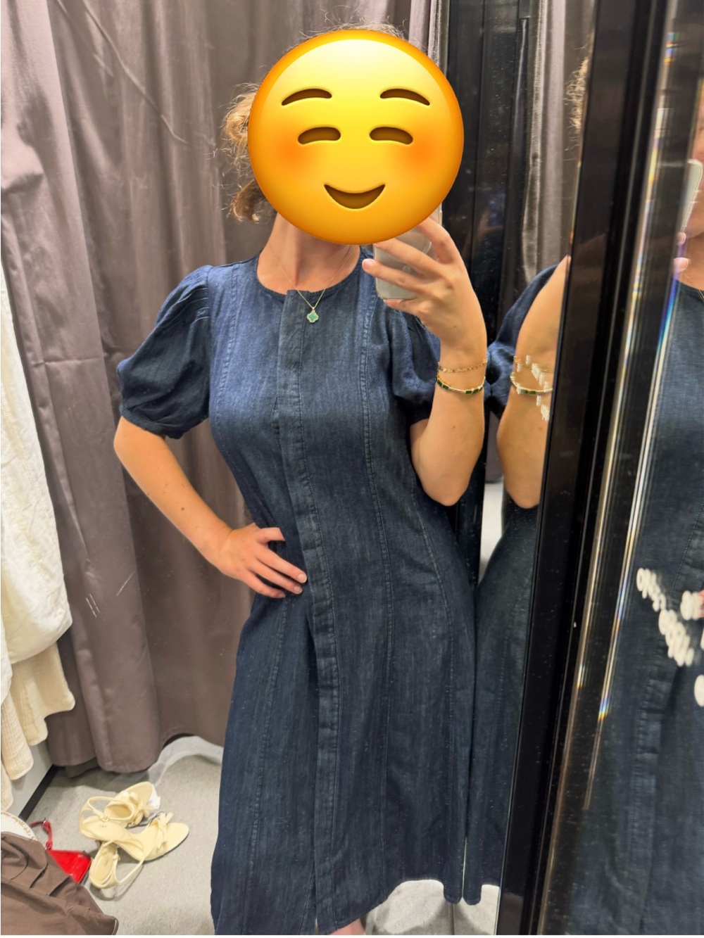 Women's Dark Blue Denim Puff-Sleeve Dress